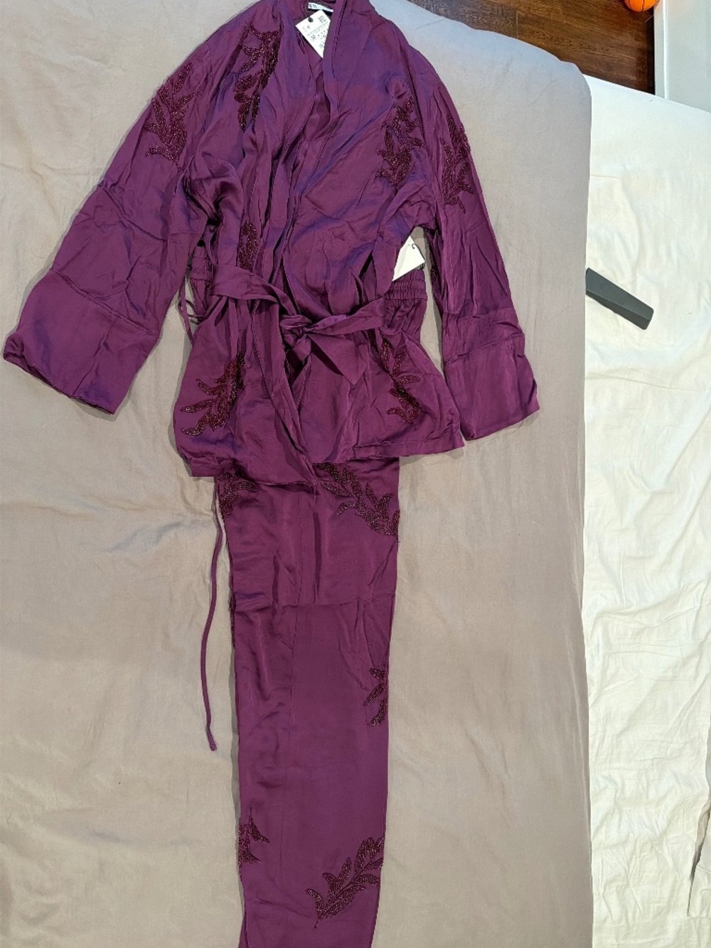 ZARA Embellished Belted Blazer & Pants Set | Plum | Beaded | NWT | Size M - Picture 1 of 7